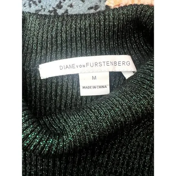 Diane Von Furstenberg Metallic Green Merino Wool Mock Neck Sweater Size Medium - Picture 4 of 8